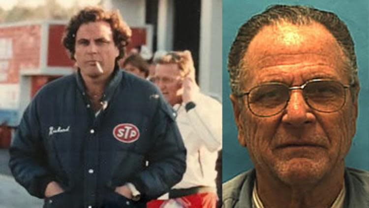 Richard DeLisi, left, at a racetrack during his marijuana-smuggling days and at right, his prison mug.