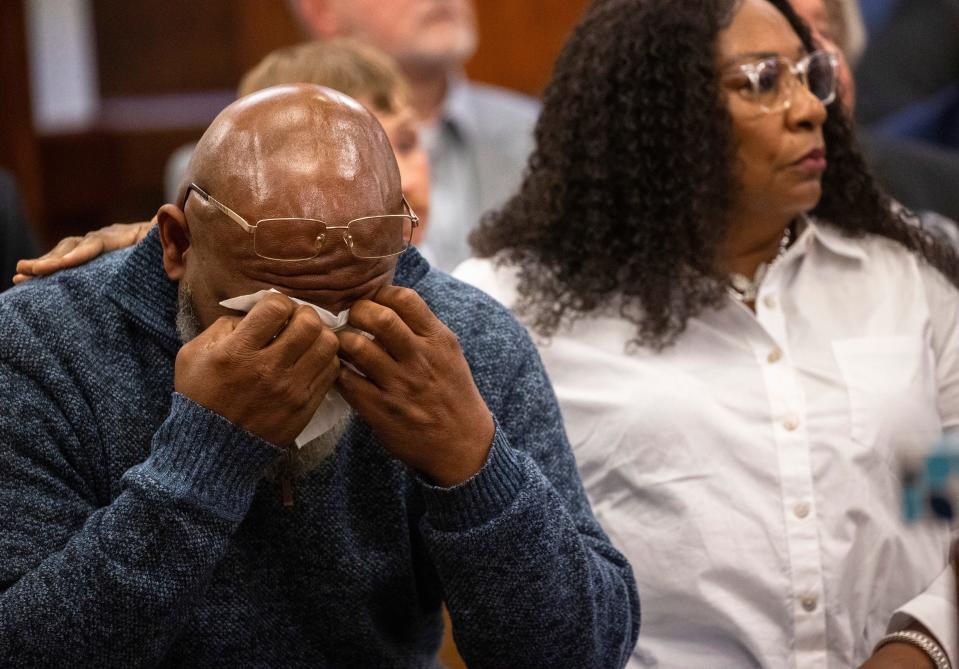 Jordan Jinks tears up after speaking with Alex Murdaugh during Murdaugh's sentencing for stealing from 18 clients, Tuesday, Nov. 28, 2023, at the Beaufort County Courthouse in Beaufort, S.C. (Andrew J. Whitaker/The Post And Courier via AP, Pool)