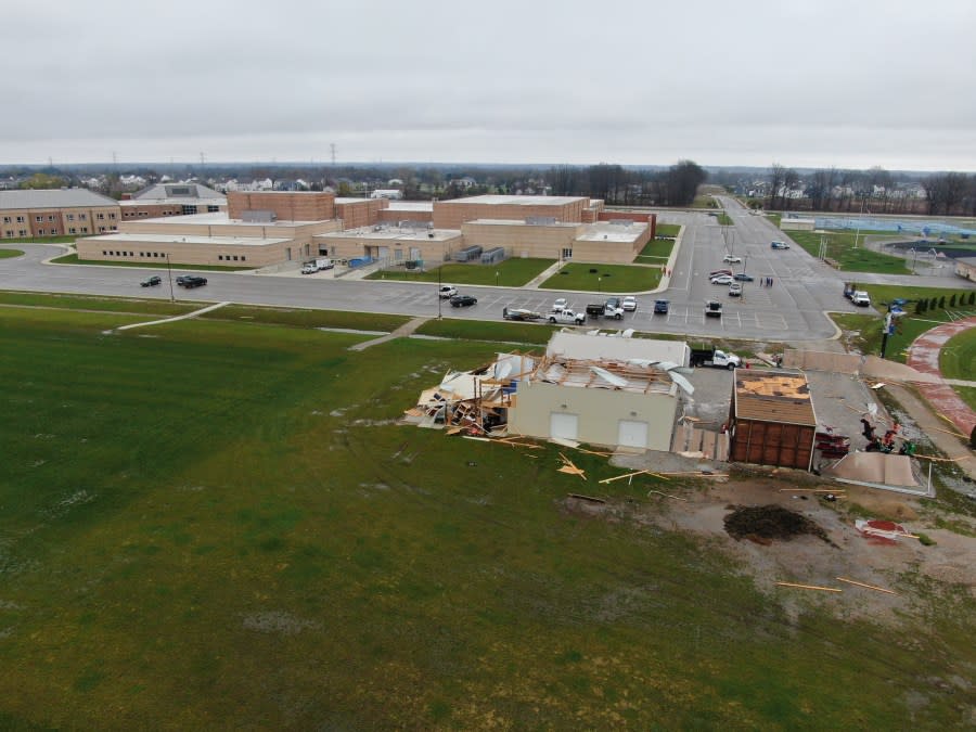 Olentangy Berlin athletic fields sustained extensive damage after violent storms ripped through Delaware and Logan Counties, March 14, 2024. (NBC4/Mark Feuerborn)