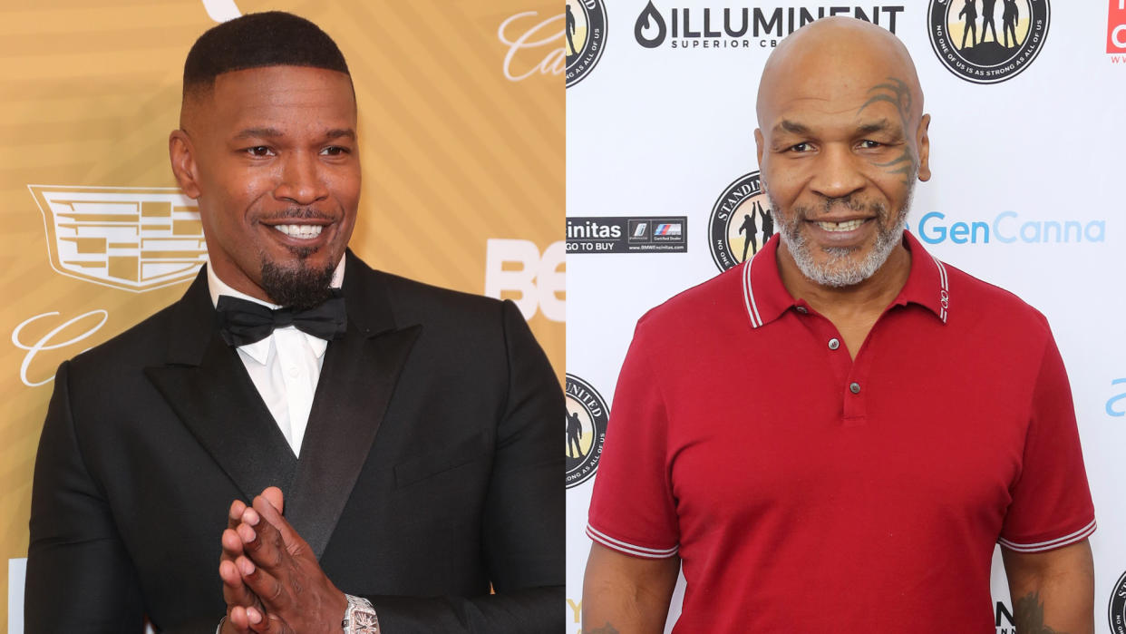 Jamie Foxx will play Mike Tyson in a biopic. (Credit: Leon Bennett/WireImage/Willy Sanjuan/Invision/AP)