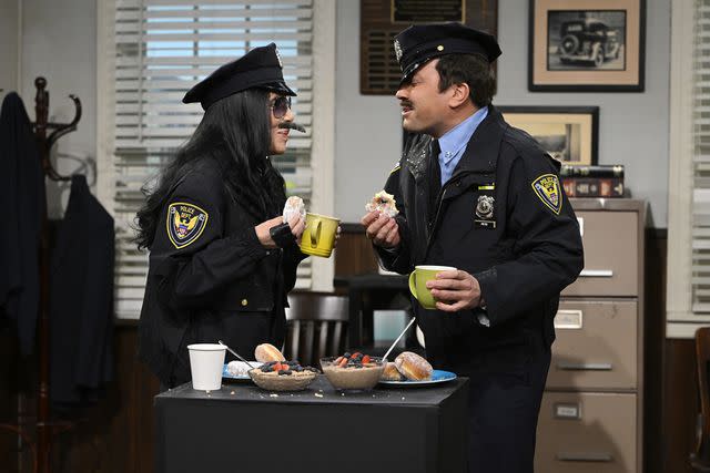 <p>Todd Owyoung/NBC via Getty Images</p> Cher and host Jimmy Fallon during "Point Pleasant Police Department" sketch on 'The Tonight Show'