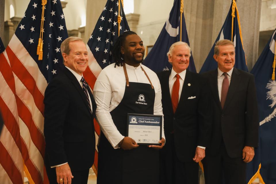 Chef Mike Sibert receiving one-of-three the 2024 South Carolina Chef Ambassador Awards at the Columbia State House on Jan. 18, 2024.