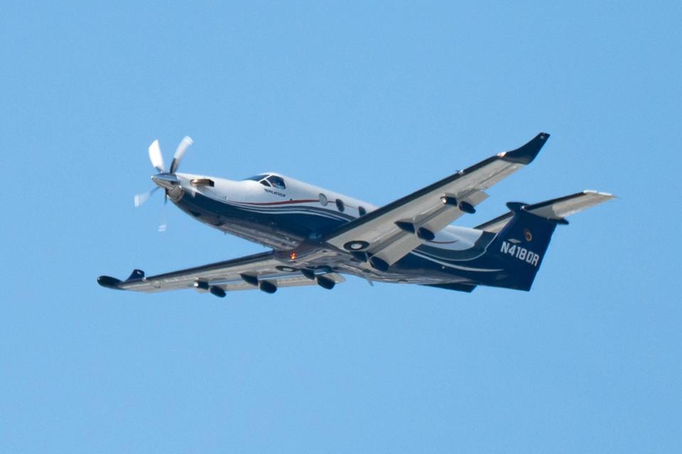 LOS ANGELES, CA - JULY 30: A Pilatus PC-12/45 takes off at Los Angeles international Airport on July 30, 2022 in Los Angeles, California. (Photo by AaronP/Bauer-Griffin/GC Images)