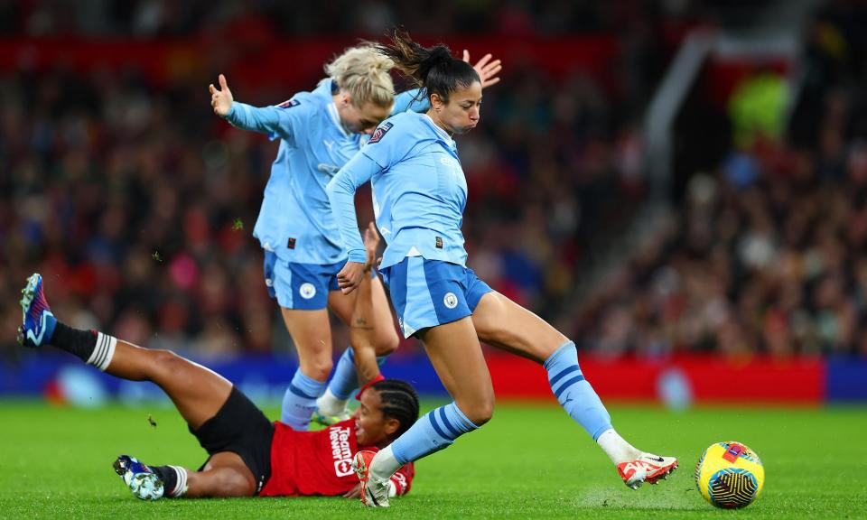 <span>Leila Ouahabi comes away with the ball in <a class="link " href="https://sports.yahoo.com/soccer/teams/manchester-city/" data-i13n="sec:content-canvas;subsec:anchor_text;elm:context_link" data-ylk="slk:Manchester City;sec:content-canvas;subsec:anchor_text;elm:context_link;itc:0">Manchester City</a>’s win against <a class="link " href="https://sports.yahoo.com/soccer/teams/manchester-united/" data-i13n="sec:content-canvas;subsec:anchor_text;elm:context_link" data-ylk="slk:Manchester United;sec:content-canvas;subsec:anchor_text;elm:context_link;itc:0">Manchester United</a> in November 2023.</span><span>Photograph: Naomi Baker/Getty Images</span>