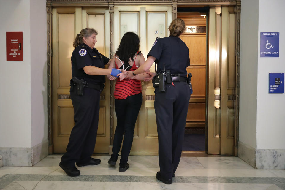 Capitol Police officers arrest a protester.