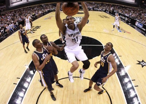 Tim Duncan of the San Antonio Spurs gets a slam dunk against the Utah Jazz in Game One of the Western Conference Quarterfinals in the 2012 NBA Playoffs at AT&T Center in San Antonio, Texas. Tony Parker scored 28 points and Duncan added 17 to lead the San Antonio Spurs over the Utah Jazz 106-91 on Sunday in the opening game of their NBA Western Conference playoff series