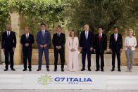 From left; European Council President Charles Michel, German Chancellor Olaf Scholz, Canada's Prime Minister Justin Trudeau, French president Emmanuel Macron, Italian Premier Giorgia Meloni, U.S. President Joe Biden, Japan's Prime Minister Fumio Kishida, British Prime Minister Rishi Sunak and European Commission President Ursula von der Leyen pose for a family photo at a G7 world leaders summit at Borgo Egnazia, southern Italy, Thursday, June 13, 2024. (Christopher Furlong/Pool Photo via AP)