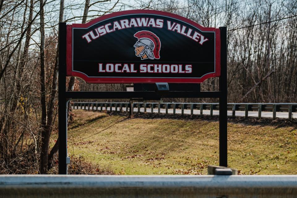 The entrance sign for Tuscarawas Valley Local Schools, Zoarville, Tuscarawas County, Ohio.