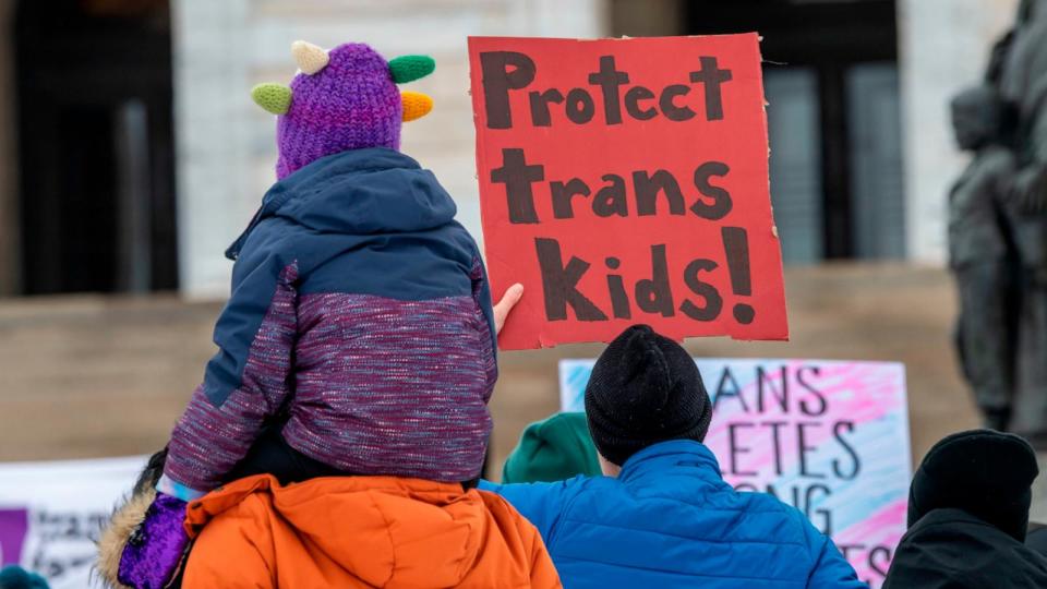 PHOTO: In this March 6, 2022 file photo, Minneasotans hold a rally at the capitol to support trans kids around the country, in St. Paul, Minn. (Michael Siluk/UCG/Universal Images Group via Getty Images, FILE)