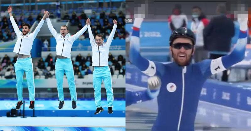俄羅斯奧會隊在競速滑冰準決賽中刷新奧運紀錄，阿多實金衝線後高舉雙手比中指惹議。（翻攝自推特@Olympic_Russia、@olivierpellerin）