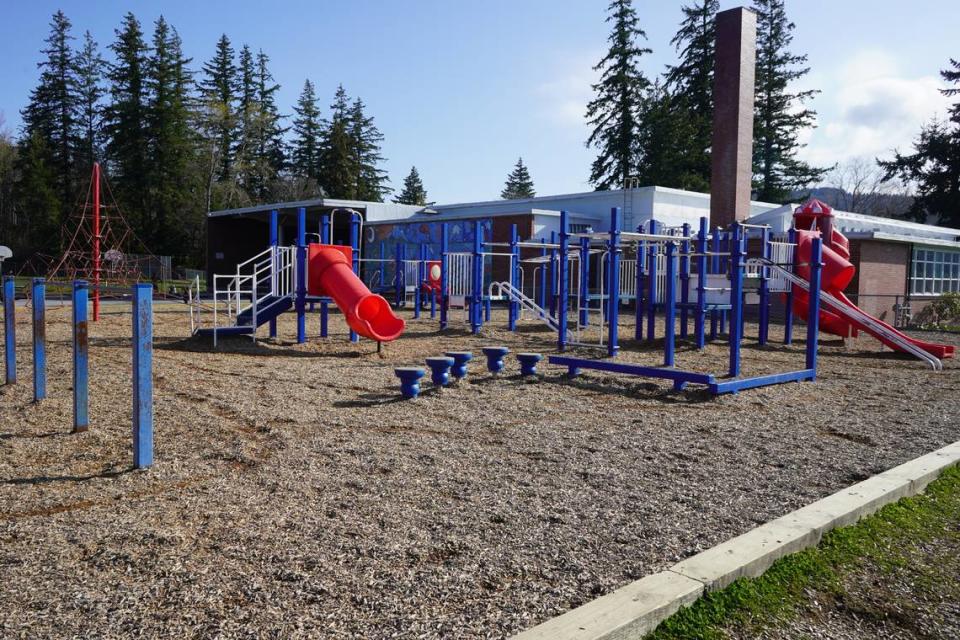 The Silver Beach Elementary School playground, on Friday, April 14, 2023, in Bellingham, Wash., is expected to be replaced with an inclusive playground by fall 2023. Rachel Showalter/The Bellingham Herald