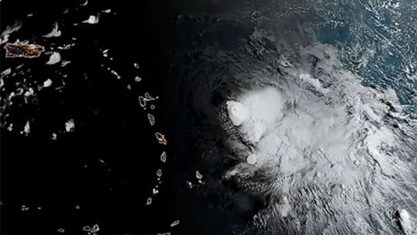 PHOTO: A satellite image shows Tropical Storm Fiona building to the east of Puerto Rico, Sept. 16, 2022. Warnings are in effect for the northern Leeward Islands with Tropical Storm Warnings in effect for Puerto Rico and the Virgin Islands. (NOAA)