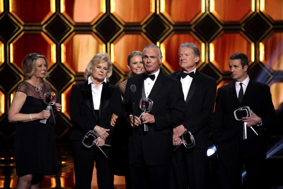 The cast and creator of "<a href="http://tv.yahoo.com/murphy-brown/show/150" data-ylk="slk:Murphy Brown;elm:context_link;itc:0;sec:content-canvas" class="link ">Murphy Brown</a>" -- Diane English, Candice Bergen, Faith Ford, Joe Regalbuto, Charles Kimbrough, and Grant Shaud -- were honored with the Impact Award at the 10th Annual TV Land Awards at the Lexington Avenue Armory on April 14, 2012 in New York City. The honor is presented to a show that offered both entertainment and enlightenment, with comedy that reflected reality.<br><br>The boundaries-pushing sitcom, which aired from 1988 to 1998 on CBS, starred Bergen as the show's title character Murphy Brown, a reporter for a successful primetime news show called "FYI." The series shined a light on its characters' professional careers and personal lives and tackled controversial subjects like single motherhood. Memorable episodes of "Murphy Brown" included moments with guests stars and fellow TV Land Awards honorees and presenters Aretha Franklin and Katie Couric.