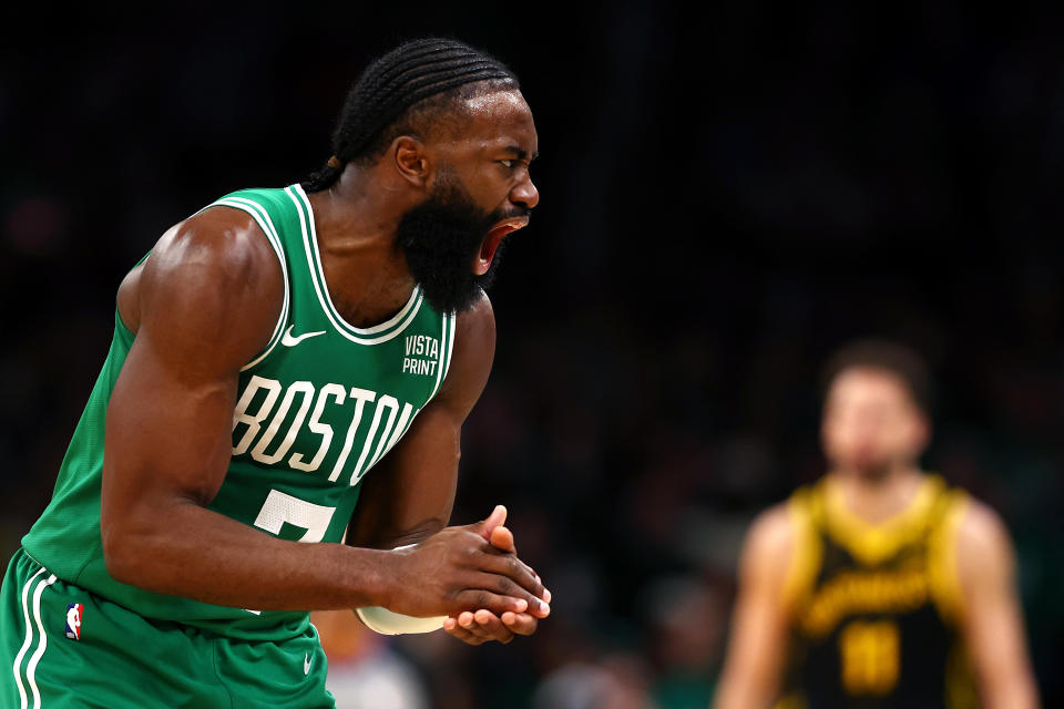 Jaylen Brown helped spur the Celtics to a historic blowout of the Warriors on Sunday. (Maddie Meyer/Getty Images)