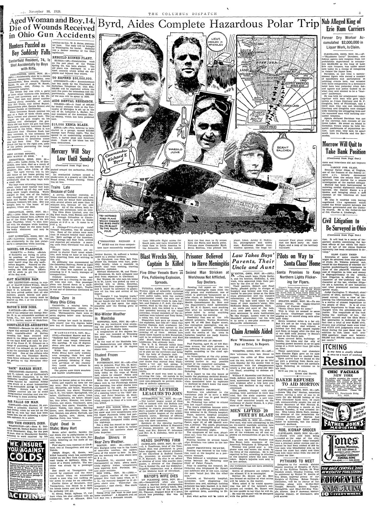 From The Columbus Dispatch, November 30, 1929.  Coverages of Byrd's historic flight over the South Pole.