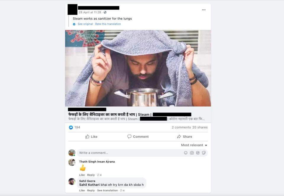 A link to an article on a popular Hindi-language page that claims steam inhalation ‘works like sanitiser for the lungs' (Screengrab/Facebook)