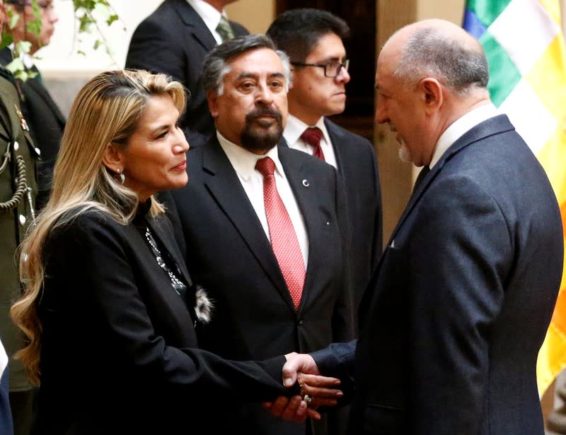 Bolivia's interim President Jeanine Anez shakes hand with Vladimir Sprichan, Russia's ambassador to Bolivia during a ceremony at the presidential palace in La Paz