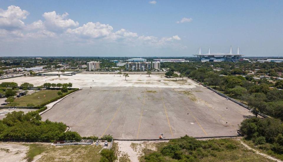 An aerial view of a vacant lot located near Northwest 27th Avenue and Northwest 191st Street on Wednesday, May 10, 2023, in Miami Gardens, Fla. Developers are preparing to construct a new destination district in the area, which will be named the Miami Gardens City Center.