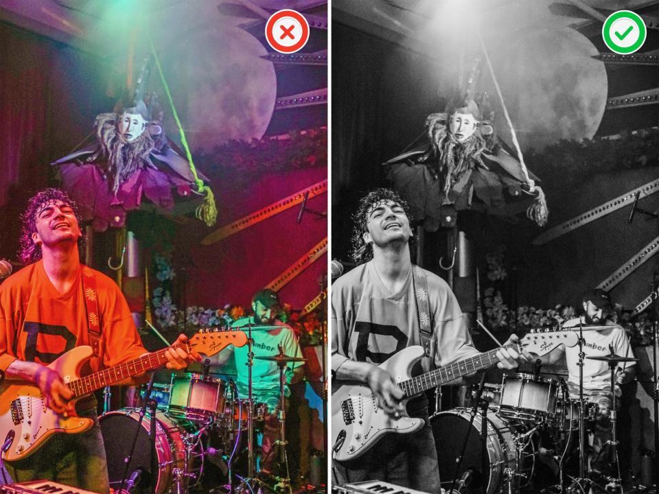 Left: A color image of a guitarist in an orange shirt and a drummer behind him on a stage with red lighting and a sculpture of a jester on the wall behind them. RIght: Same image in Black and white