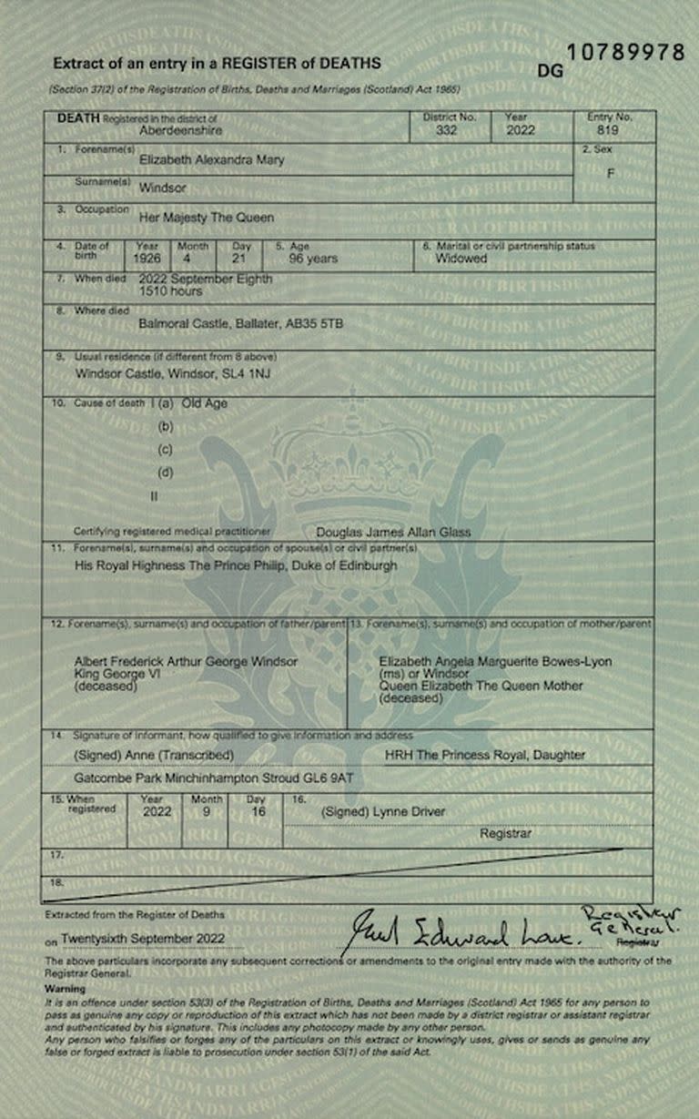 El certificado de defunción de la reina Isabel II
