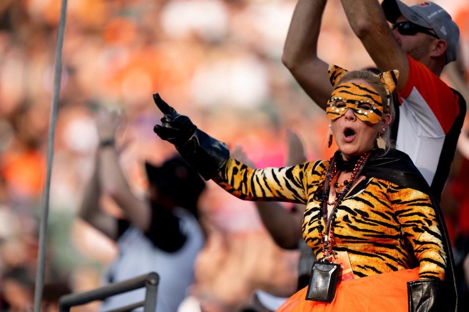 Aug 27, 2022; Cincinnati, Ohio, USA;  Cincinnati Bengals fan cheers in the first quarter of the NFL preseason game between Cincinnati Bengals and Los Angeles Rams at Paycor Stadium. Mandatory Credit: Albert Cesare-USA TODAY Sports 