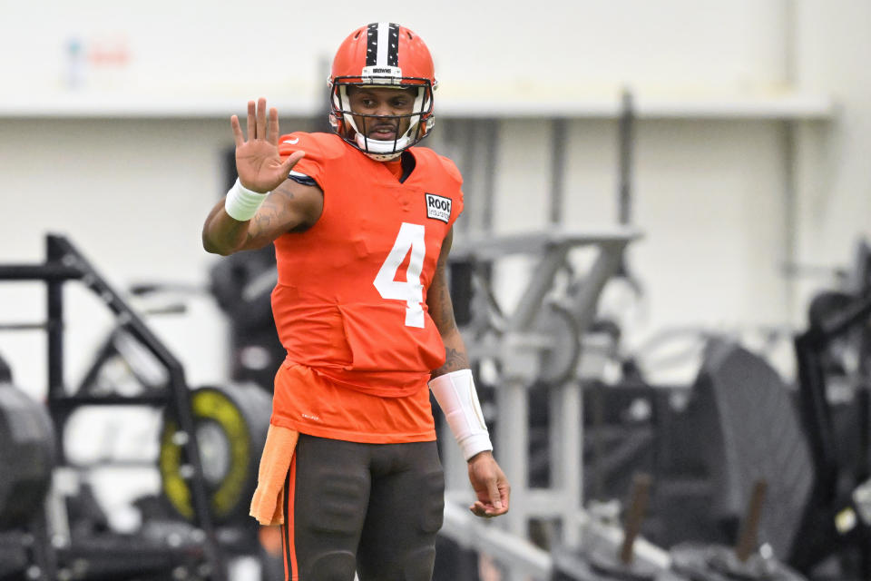 Cleveland Browns quarterback Deshaun Watson gestures on the field during an NFL football practice at the team's training facility Wednesday, Nov. 30, 2022, in Berea, Ohio. (AP Photo/David Richard)
