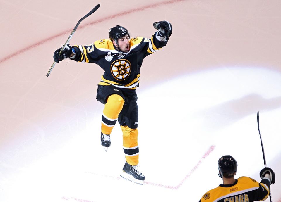 BOSTON, MA - JUNE 13: Brad Marchand #63 of the Boston Bruins celebrates after scoring a goal in the first period against Roberto Luongo #1 of the Vancouver Canucks during Game Six of the 2011 NHL Stanley Cup Final at TD Garden on June 13, 2011 in Boston, Massachusetts. (Photo by Jim Rogash/Getty Images)