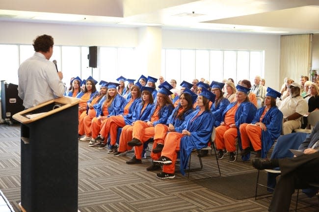 Oklahoma County District Court Judge Ken Stoner gives the commencement address at a 2019 Prison Fellowship Academy graduation at Kate Barnard Correctional Center.