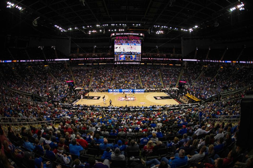 Mar 10, 2022; Kansas City, MO, USA; The Kansas Jayhawks play the West Virginia Mountaineers in the second half at T-Mobile Center. Mandatory Credit: Amy Kontras-USA TODAY Sports ORG XMIT: IMAGN-480101 ORIG FILE ID:  20220310_tbs_df8_177.JPG