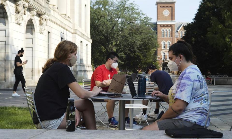 Students study outside of Thompson Library at Ohio State University.