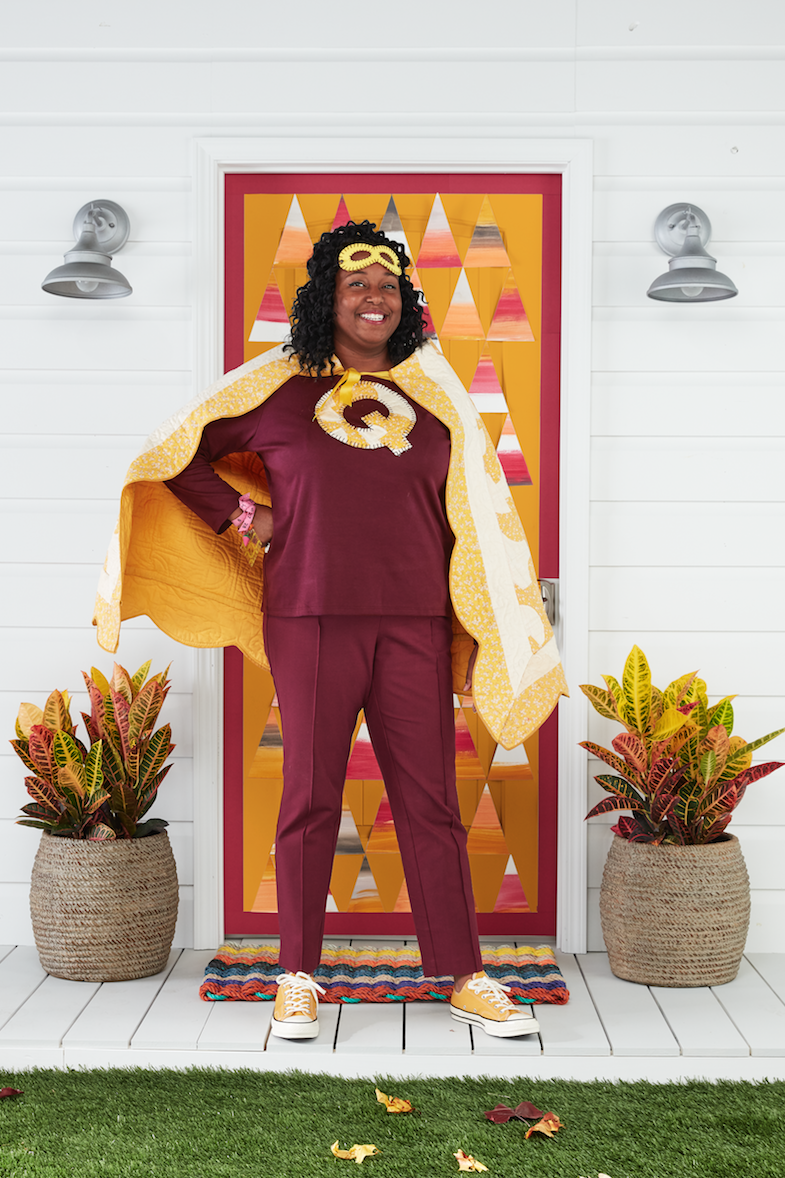 <p>Quilters (and knitters, and crocheters!), unite! This fun costume will help you save the day—or, at the very least, the "crafter-noon." And you can show off your handiwork while you're at it!</p><p><strong>Make the Costume: </strong>Cut a quilt into a trapezoid shape; sew a corresponding color bias tape around the edges to finish. At the top corner of the trapezoid, sew a correspond- ing color ribbon for ties. Use a scrap of the quilt to cut out an oversize letter “Q” and blanket stitch it to the front of a T-shirt. Blanket stitch around the edges of a <a href="https://www.amazon.com/DANGSHAN-Superhero-Masquerade-Halloween-Multicolor/dp/B071F8D3BH?tag=syn-yahoo-20&ascsubtag=%5Bartid%7C10050.g.23785711%5Bsrc%7Cyahoo-us" rel="nofollow noopener" target="_blank" data-ylk="slk:felt superhero mask;elm:context_link;itc:0;sec:content-canvas" class="link ">felt superhero mask</a> and round out the look with a tailor tape measure bracelet adorned with sewing charms. Glue a metal thimble to a silver ring blank to create a superpower ring.</p><p><a class="link " href="https://www.amazon.com/Superhero-Cosplay-Halloween-Christmas-Birthday/dp/B07MFH66JB/ref=sr_1_3?tag=syn-yahoo-20&ascsubtag=%5Bartid%7C10050.g.23785711%5Bsrc%7Cyahoo-us" rel="nofollow noopener" target="_blank" data-ylk="slk:SHOP FELT SUPERHERO MASKS;elm:context_link;itc:0;sec:content-canvas">SHOP FELT SUPERHERO MASKS</a></p>