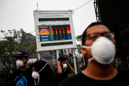 Youths wearing masks gather near a pollutant standard index board during a Global Climate Strike rally as smog covers the city due to the forest fires in Palangka Raya