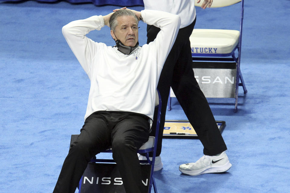 Kentucky head coach John Calipari watches his team during the first half of an NCAA college basketball game against South Carolina in Lexington, Ky., Saturday, March 6, 2021. (AP Photo/James Crisp)