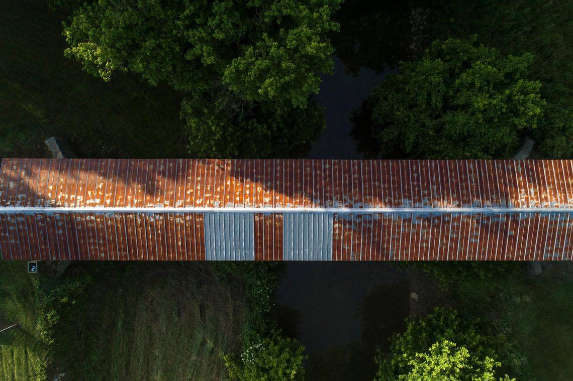 The Johnson Creek Covered Bridge is located in Roberson County, Ky., and crosses Johnson Creek. The bridge, originally built around 1874, is open for foot traffic.