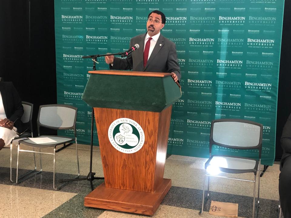 SUNY Chancellor John B. King, Jr. spoke inside Binghamton University's Downtown Center Thursday, April 20, 2023. Five final designs for a statue of Harriet Tubman to be placed behind the center were revealed.