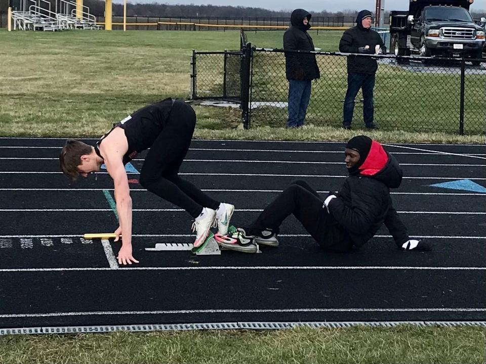 Marion Harding's Brennin Beechum loads into the blocks for a race at the Keller/Rich RV Relays this spring. The senior track standout was named Fahey Bank Athlete of the Month for May for Marion County boys.