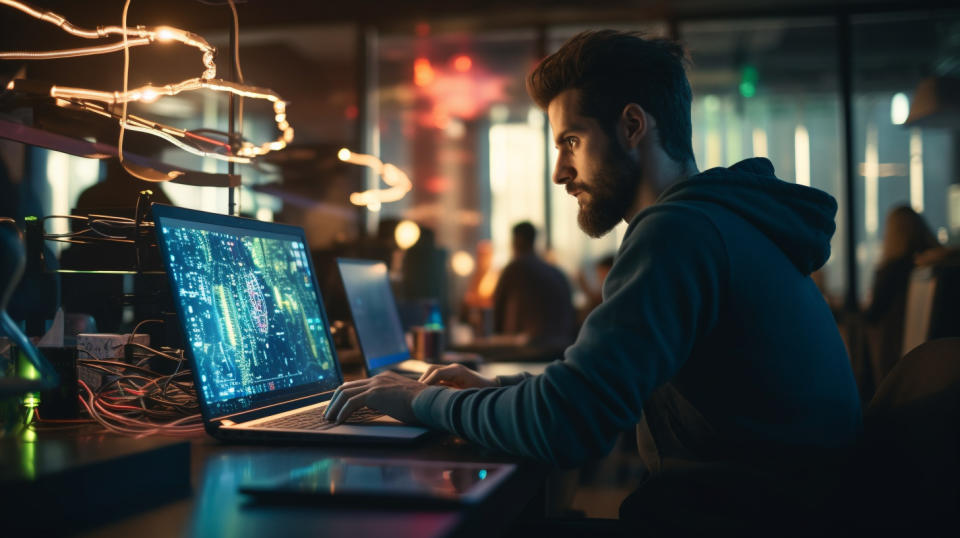 A programmer coding on a laptop in the center of a creative workspace.