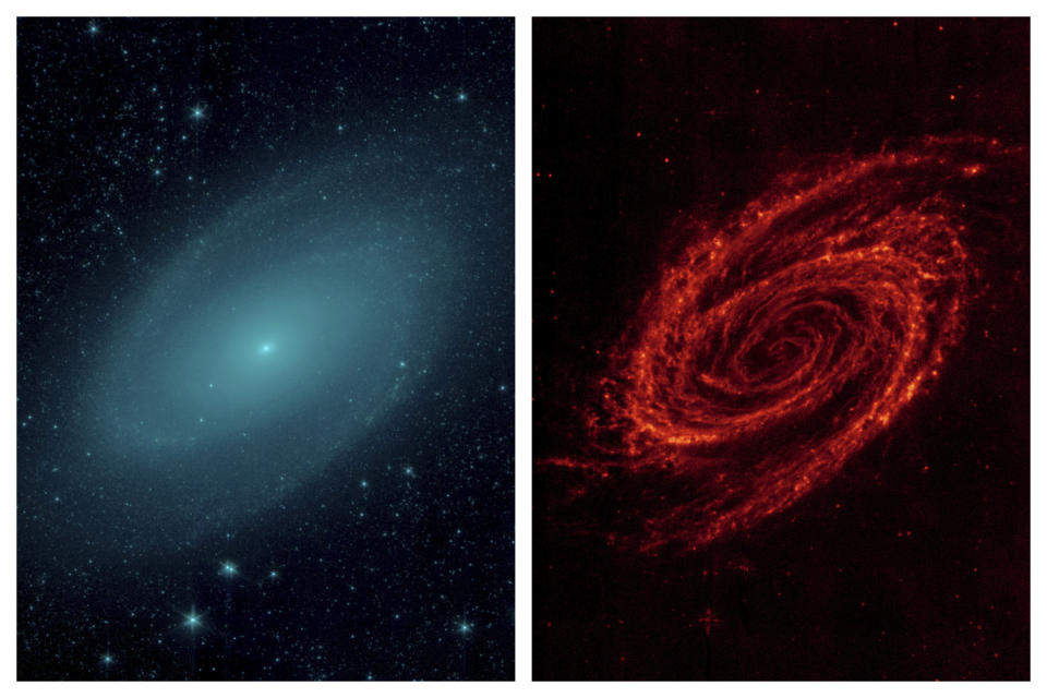 This combination of photos made available by NASA shows the spiral galaxy Messier 81 (M81) viewed in two different types of infrared wavelengths showing the the light from the stars in the galaxy, left, and the distribution of dust particles without starlight, captured by the Spitzer Space Telescope. The dust particles are composed of silicates (chemically similar to beach sand), carbonaceous grains and polycyclic aromatic hydrocarbons and trace the gas distribution in the galaxy. (NASA/JPL-Caltech via AP)