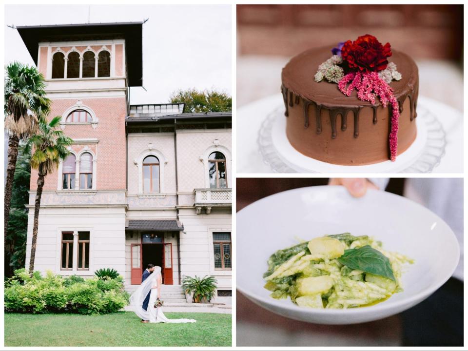 On the left, the couple kissing in front of a big house. On the top right, a chocolate cake. On the bottom right, some pasta.