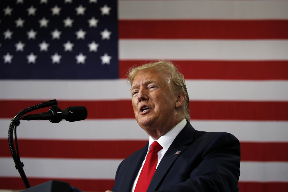 President Donald Trump speaks at Derco Aerospace Inc., a subsidiary of Lockheed Martin, Friday, July 12, 2019, in Milwaukee. (AP Photo/Alex Brandon)