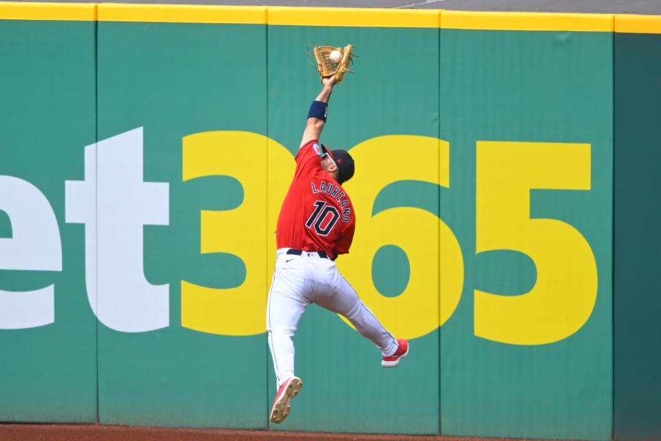 Guardians right fielder Ramon Laureano makes a leaping catch in the sixth inning against the Angels, May 5, 2024, in Cleveland.