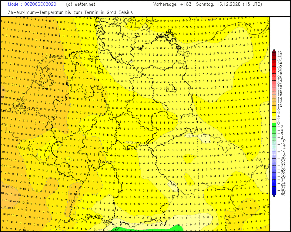 Die Höchstwerte am 3. Advent: Im Westen etwas wärmer, insgesamt aber schmuddelig. (Bild: Wetterdata.de)