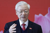 FILE - Newly re-elected Vietnam Communist Party General Secretary Nguyen Phu Trong speaks during a press conference at the closing ceremony of after the 13th National Congress of the Communist Party of Vietnam, in Hanoi, Vietnam, on Feb. 1, 2021. Vietnam's president has resigned as the ruling communist party in the latest episode of a “blazing furnace” anti-corruption campaign. Vo Van Thuong was the second to resign from the post in just over a year. The presidency is largely a ceremonial role. The most powerful job is held by Communist Party general secretary Nguyen Phu Trong. (AP Photo/Minh Hoang, File)