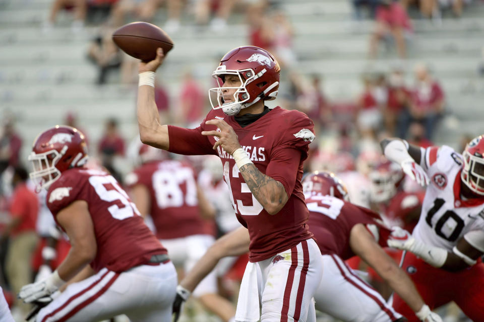 Arkansas quarterback Feleipe Franks throws a pass against Georgia during the second half of an NCAA college football game in Fayetteville, Ark., Saturday, Sept. 26, 2020. (AP Photo/Michael Woods)