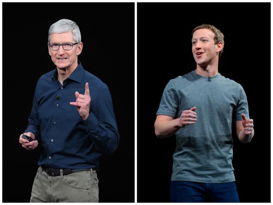 Apple CEO Tim Cook (left), and Meta CEO Mark Zuckerberg (right)