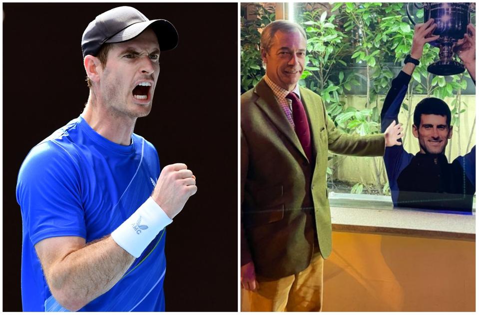 Andy Murray y el político británico Nigel Farage, una de las principales figuras en favor del Brexit, posando con una fotografía de Novak Djokovic en Belgrado (Serbia). (Foto: William West / AFP / Getty Images / Twitter / @Nigel_Farage).