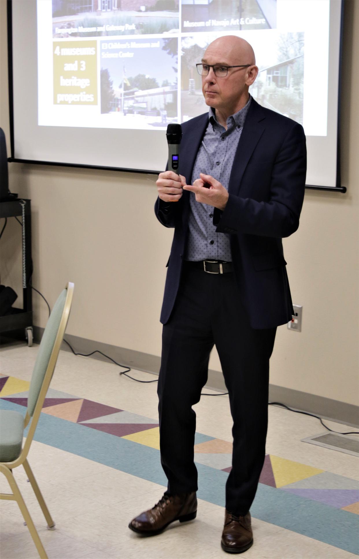 Brad King, the vice president of Lord Cultural Resources, the firm that was hired to help produce a new strategic plan for the Farmington Museum system, addresses the crowd during a public meeting at the museum in December 2019.