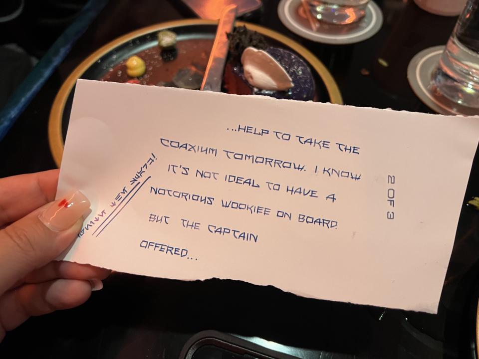 This secret message was slipped to us along with our check at dinner the first evening. (Photo: Terri Peters)