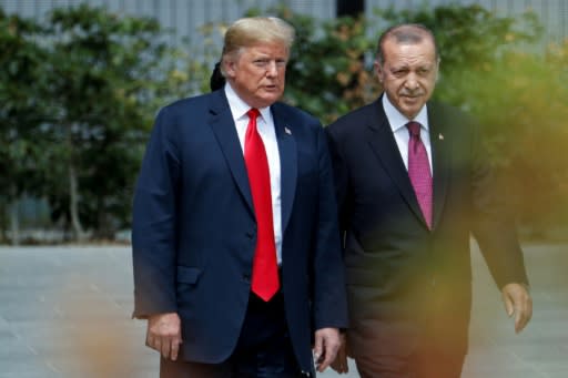 US President Donald Trump strolls with Turkish President Recep Tayyip Erdogan during a July 2018 visit at the NATO headquarters