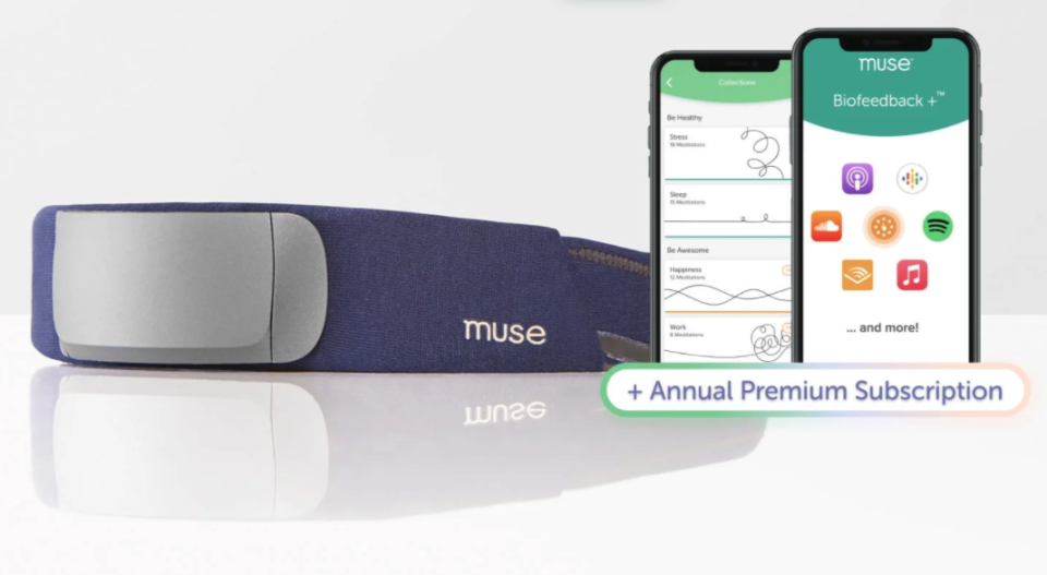 Muse S (Gen 2) Premium Subscription Bundle with tracking headband and smartphone showcasing app